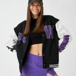 Oversize Bomber College Jacket Printed Fleece Inside